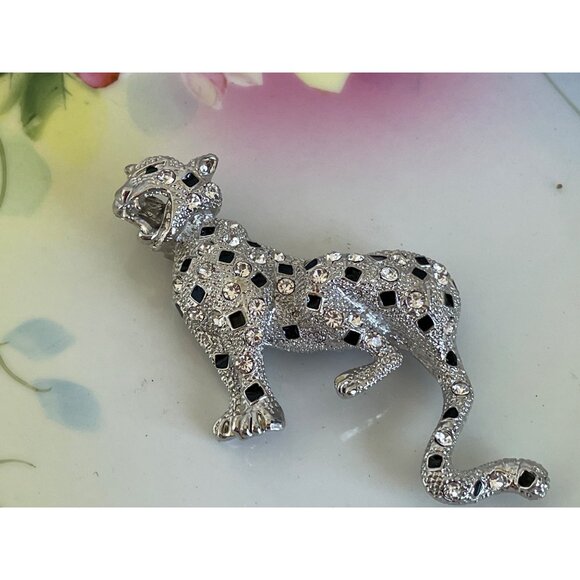 Vintage 1980s Large Statement Brooch Rhinestone leopard Big Cat Open Mouth - Picture 7 of 9